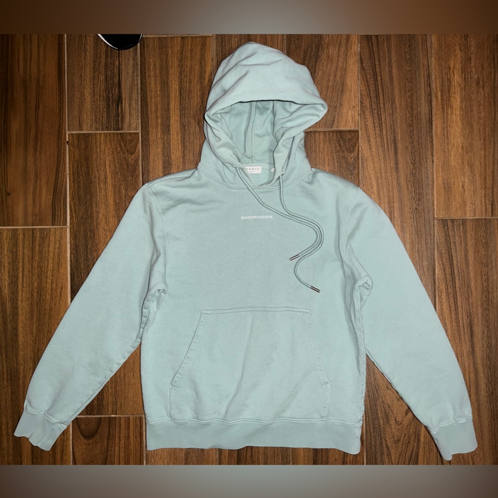 Sandro Paris Mens Logo Hoodie Size Small Light Sea Foam Green Pullover Cotton
